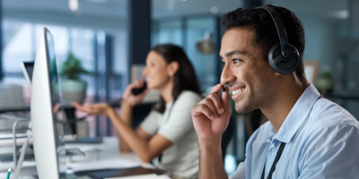 Customer service rep on a phone call.
